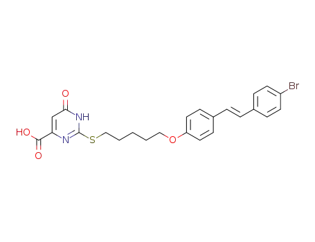 Molecular Structure of 127066-90-4 (2-(5-{4-[(E)-2-(4-Bromo-phenyl)-vinyl]-phenoxy}-pentylsulfanyl)-6-oxo-1,6-dihydro-pyrimidine-4-carboxylic acid)