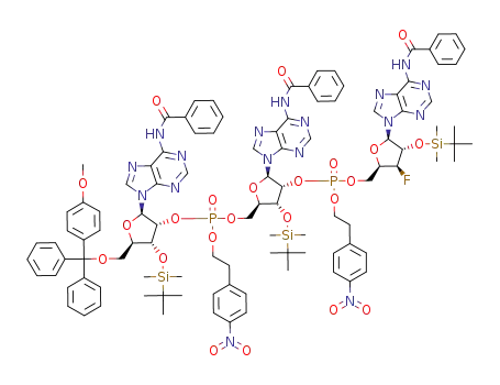 N<sup>6</sup>-Benzoyl-3'-O-<(tert-butyl)dimethylsilyl>-5'-O-(monomethoxytrityl)adenylyl-<2'-<O<sup>P</sup>-<2-(4-nitrophenyl)ethyl>>->5'>-N<sup>6</sup>-benzoyl-3'-O-<(tert-butyl)dimethylsilyl>adenylyl-<2'-<O<sup>P</sup>-<2-(4-nitrophenyl)ethyl>>->5'>-N<sup>6</sup>-benzoyl-9-<2'-O-<(tert-butyl)d...