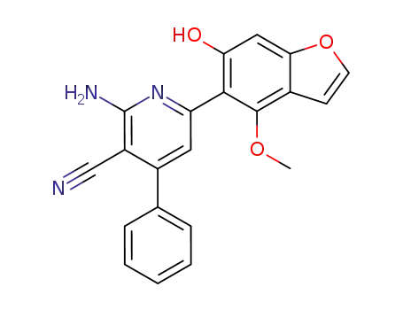 Molecular Structure of 89403-70-3 (3-Pyridinecarbonitrile,
2-amino-6-(6-hydroxy-4-methoxy-5-benzofuranyl)-4-phenyl-)