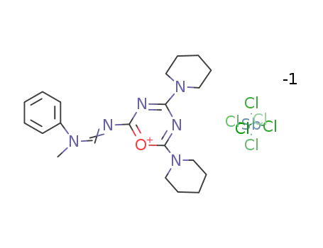 Molecular Structure of 114943-64-5 (2-(1-Phenylethylideneamino)-4,6-bis(1-piperidino)-1,3,5-oxadiazinium hexachloroantimonate)