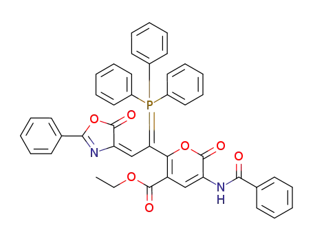 Molecular Structure of 142503-19-3 (Ethyl 3-benzoylamino-6-<2-(4,5-dihydro-5-oxo-2-phenyl-4-oxazolylidene)-1-(triphenylphosphoranylidene)ethyl>-2-oxo-2H-pyran-5-carboxylate)
