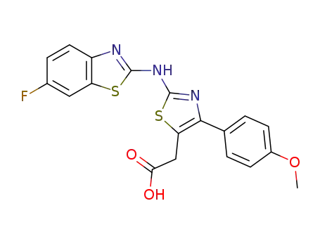 Molecular Structure of 89402-83-5 (5-Thiazoleacetic acid,
2-[(6-fluoro-2-benzothiazolyl)amino]-4-(4-methoxyphenyl)-)