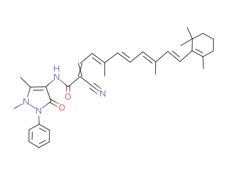 Molecular Structure of 117665-32-4 ((2E,4E,6E,8E,10E)-2-Cyano-5,9-dimethyl-11-(2,6,6-trimethyl-cyclohex-1-enyl)-undeca-2,4,6,8,10-pentaenoic acid (1,5-dimethyl-3-oxo-2-phenyl-2,3-dihydro-1H-pyrazol-4-yl)-amide)