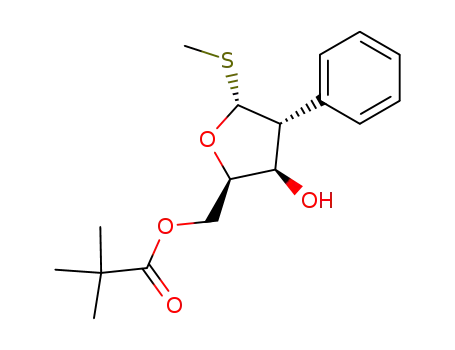 Molecular Structure of 134615-03-5 (2,2-Dimethyl-propionic acid (2R,3R,4R,5R)-3-hydroxy-5-methylsulfanyl-4-phenyl-tetrahydro-furan-2-ylmethyl ester)