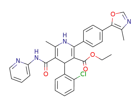 Molecular Structure of 122956-95-0 (4-(2-Chlorophenyl)-1,4-dihydro-3-ethoxycarbonyl-6-methyl-2-[4-(4-methyloxazol-5-yl)phenyl]-5-[N-(pyridin-2-yl)carbamoyl]pyridine)