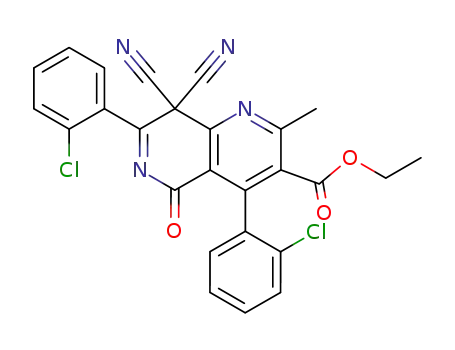 Molecular Structure of 119337-23-4 (ethyl 4,7-bis(2-chlorophenyl)-8,8-dicyano-2-methyl-5-oxo-1,6-diazanaphthalene-3-carboxylate)