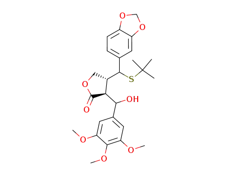 Molecular Structure of 103844-23-1 (2(3H)-Furanone,
4-[1,3-benzodioxol-5-yl[(1,1-dimethylethyl)thio]methyl]dihydro-3-[hydroxy
(3,4,5-trimethoxyphenyl)methyl]-)