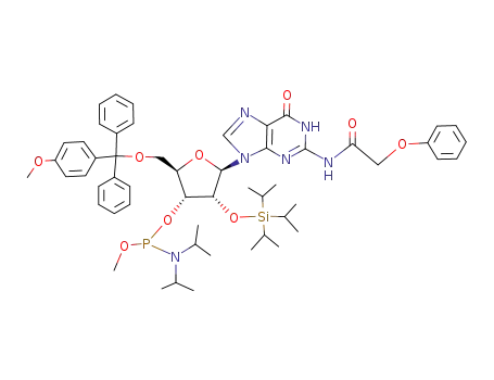 Molecular Structure of 119824-68-9 (Diisopropyl-phosphoramidous acid (2R,3R,4R,5R)-2-[(4-methoxy-phenyl)-diphenyl-methoxymethyl]-5-[6-oxo-2-(2-phenoxy-acetylamino)-1,6-dihydro-purin-9-yl]-4-triisopropylsilanyloxy-tetrahydro-furan-3-yl ester methyl ester)