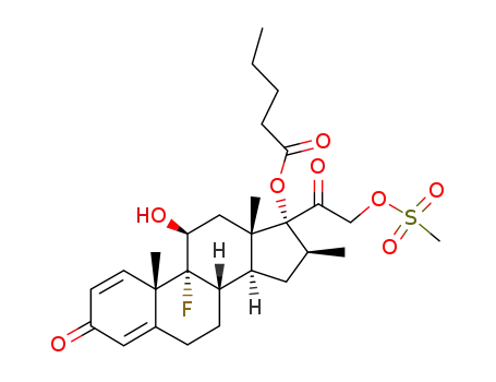 Molecular Structure of 15423-82-2 (Pentanoic acid (8S,9R,10S,11S,13S,14S,16S,17R)-9-fluoro-11-hydroxy-17-(2-methanesulfonyloxy-acetyl)-10,13,16-trimethyl-3-oxo-6,7,8,9,10,11,12,13,14,15,16,17-dodecahydro-3H-cyclopenta[a]phenanthren-17-yl ester)