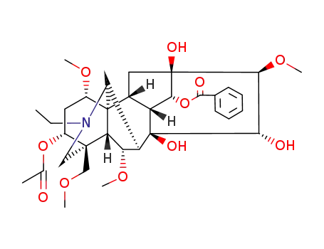 Molecular Structure of 119347-26-1 (Aconitane-3,8,13,14,15-pentol,20-ethyl-1,6,16-trimethoxy-4-(methoxymethyl)-, 3-acetate 14-benzoate, (1a,3a,6a,14a,15a,16b)- (9CI))