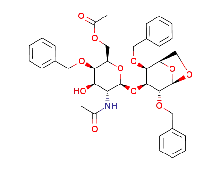 Molecular Structure of 80856-49-1 (3-O-(2-acetamido-6-O-acetyl-4-O-benzyl-2-desoxy-β-D-galactopyranosyl)-1,6-anhydro-2,4-di-O-benzyl-β-D-galactopyranose)