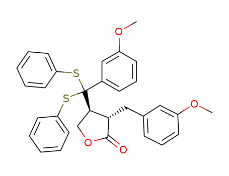 Molecular Structure of 78473-69-5 (2(3H)-Furanone,
dihydro-4-[(3-methoxyphenyl)bis(phenylthio)methyl]-3-[(3-methoxyphenyl
)methyl]-, trans-)