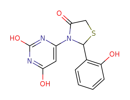Molecular Structure of 88351-97-7 (2,4(1H,3H)-Pyrimidinedione,
6-[2-(2-hydroxyphenyl)-4-oxo-3-thiazolidinyl]-)
