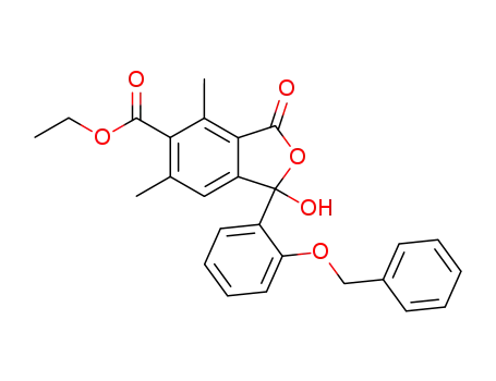 Molecular Structure of 137207-69-3 (1-(2-Benzyloxy-phenyl)-1-hydroxy-4,6-dimethyl-3-oxo-1,3-dihydro-isobenzofuran-5-carboxylic acid ethyl ester)