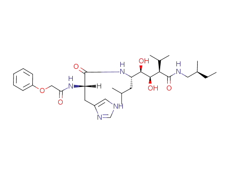 Molecular Structure of 112190-17-7 ((2R,3R,4R,5S)-3,4-dihydroxy-7-methyl-N-[(2S)-2-methylbutyl]-5-{[N-(phenoxyacetyl)-L-histidyl]amino}-2-(propan-2-yl)octanamide)