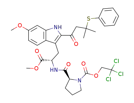 Molecular Structure of 116611-97-3 ((S)-2-{(S)-1-Methoxycarbonyl-2-[6-methoxy-2-(3-methyl-3-phenylsulfanyl-butyryl)-1H-indol-3-yl]-ethylcarbamoyl}-pyrrolidine-1-carboxylic acid 2,2,2-trichloro-ethyl ester)