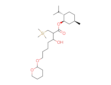 Molecular Structure of 133124-95-5 (3-Hydroxy-7-(tetrahydro-pyran-2-yloxy)-2-trimethylsilanylmethyl-heptanoic acid (1R,2S,5R)-2-isopropyl-5-methyl-cyclohexyl ester)