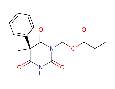 Molecular Structure of 138548-34-2 (2,4,6(1H,3H,5H)-Pyrimidinetrione,
5-methyl-1-[(1-oxopropoxy)methyl]-5-phenyl-, (R)-)