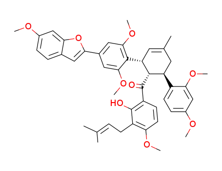 Molecular Structure of 76489-55-9 ([(1S,2R,6R)-2-[2,6-Dimethoxy-4-(6-methoxy-benzofuran-2-yl)-phenyl]-6-(2,4-dimethoxy-phenyl)-4-methyl-cyclohex-3-enyl]-[2-hydroxy-4-methoxy-3-(3-methyl-but-2-enyl)-phenyl]-methanone)