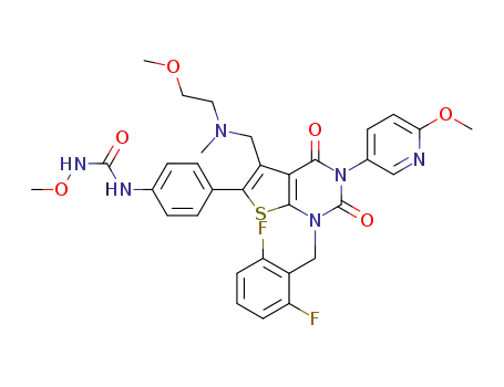 Urea,
N-[4-[1-[(2,6-difluorophenyl)methyl]-1,2,3,4-tetrahydro-5-[[(2-methoxyeth
yl)methylamino]methyl]-3-(6-methoxy-3-pyridinyl)-2,4-dioxothieno[2,3-d]
pyrimidin-6-yl]phenyl]-N'-methoxy-