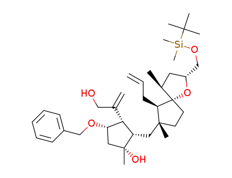 Molecular Structure of 1344673-73-9 ((1R,2S,3S,4S)-4-(benzyloxy)-2-{[(2R,4S,5S,6R,7R)-2-({[tert-butyl(dimethyl)silyl]oxy}methyl)-4,7-dimethyl-6-prop-2-en-1-yl-1-oxaspiro[4.4]non-7-yl]methyl}-3-[1-(hydroxymethyl)ethenyl]-1-methylcyclopentanol)