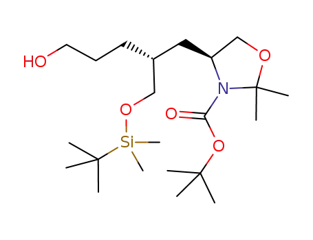 Molecular Structure of 942144-35-6 (3-Oxazolidinecarboxylic acid, 4-[(2R)-2-[[[(1,1-diMethylethyl)diMethylsilyl]oxy]Methyl]-5-hydroxypentyl]-2,2-diMethyl-, 1,1-diMethylethyl ester, (4S)-)