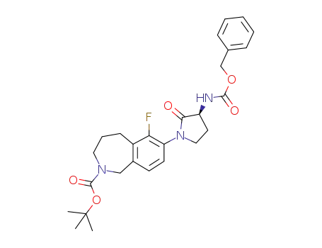 Molecular Structure of 939043-61-5 (1,1-Dimethylethyl 6-fluoro-7-[(3S)-2-oxo-3-({[(phenylmethyl)oxy]carbonyl}amino)-1-pyrrolidinyl]-1,3,4,5-tetrahydro-2H-2-benzazepine-2-carboxylate)