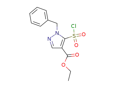 Molecular Structure of 93621-39-7 (1H-Pyrazole-4-carboxylic acid, 5-(chlorosulfonyl)-1-(phenylmethyl)-,
ethyl ester)
