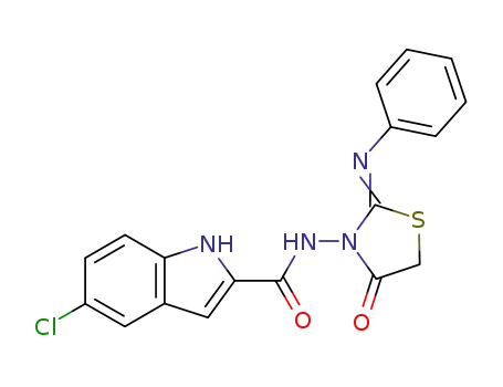 Molecular Structure of 126016-50-0 (5-chloro-N-[(2Z)-4-oxo-2-(phenylimino)-1,3-thiazolidin-3-yl]-1H-indole-2-carboxamide)