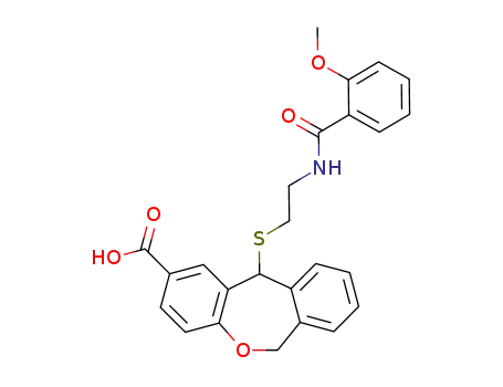 Molecular Structure of 123227-23-6 (11-[(2-{[(2-methoxyphenyl)carbonyl]amino}ethyl)sulfanyl]-6,11-dihydrodibenzo[b,e]oxepine-2-carboxylic acid)