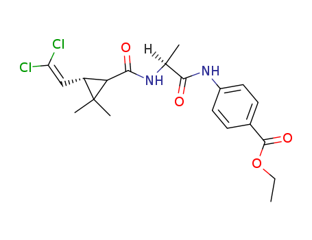 Molecular Structure of 111544-73-1 (Benzoic acid,
4-[[2-[[[3-(2,2-dichloroethenyl)-2,2-dimethylcyclopropyl]carbonyl]amino]-
1-oxopropyl]amino]-, ethyl ester)