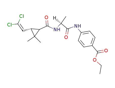 Molecular Structure of 111544-73-1 (Benzoic acid,
4-[[2-[[[3-(2,2-dichloroethenyl)-2,2-dimethylcyclopropyl]carbonyl]amino]-
1-oxopropyl]amino]-, ethyl ester)