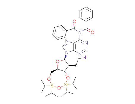 Molecular Structure of 100034-59-1 (N<sup>6</sup>,N<sup>6</sup>-dibenzoyl-3',5'-O-(tetraisopropyldisiloxane-1,3-diyl)-2'-deoxy-2'-(S)-(2-iodoethyl)adenosine)
