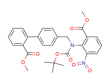 Molecular Structure of 150058-11-0 (4'-{[tert-Butoxycarbonyl-(2-methoxycarbonyl-6-nitro-phenyl)-amino]-methyl}-biphenyl-2-carboxylic acid methyl ester)