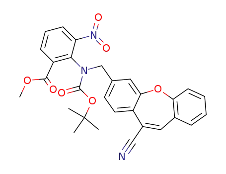 Molecular Structure of 1028312-00-6 (2-[tert-Butoxycarbonyl-(11-cyano-dibenzo[b,f]oxepin-3-ylmethyl)-amino]-3-nitro-benzoic acid methyl ester)