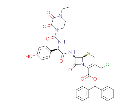 Molecular Structure of 153715-66-3 ((6R,7R)-3-Chloromethyl-7-[(R)-2-[(4-ethyl-2,3-dioxo-piperazine-1-carbonyl)-amino]-2-(4-hydroxy-phenyl)-acetylamino]-8-oxo-5-thia-1-aza-bicyclo[4.2.0]oct-2-ene-2-carboxylic acid benzhydryl ester)
