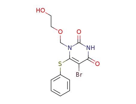 Molecular Structure of 123027-55-4 (5-bromo-1-[(2-hydroxyethoxy)methyl]-6-(phenylsulfanyl)pyrimidine-2,4(1H,3H)-dione)