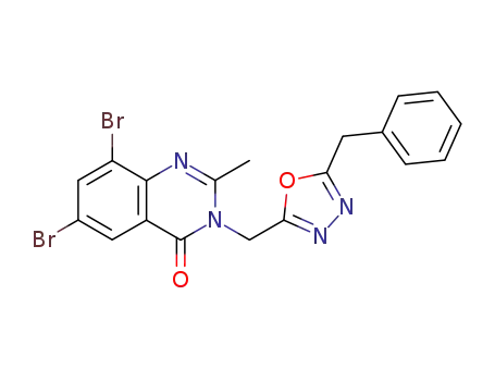 Molecular Structure of 107269-40-9 (3-[(5-benzyl-1,3,4-oxadiazol-2-yl)methyl]-6,8-dibromo-2-methylquinazolin-4(3H)-one)