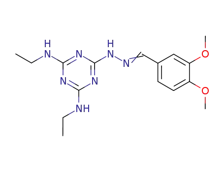 Molecular Structure of 134832-89-6 (Benzaldehyde, 3,4-dimethoxy-,
[4,6-bis(ethylamino)-1,3,5-triazin-2-yl]hydrazone)