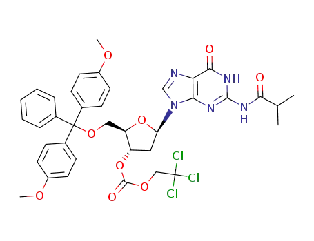 Molecular Structure of 112154-51-5 (5'-O-(4,4'-dimethoxytrityl)-3'-O-(2,2,2-trichloroethoxycarbonyl)-N<sup>2</sup>-isobutyryldeoxyguanosine)