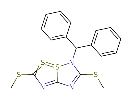 Molecular Structure of 104157-64-4 (Carbamodithioic acid,
[2-(diphenylmethyl)-3-(methylthio)-1,2,4-thiadiazol-5(2H)-ylidene]-,
methyl ester)