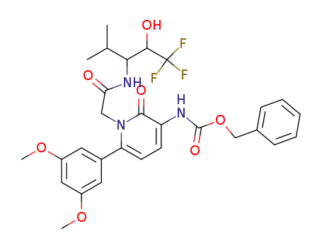 Molecular Structure of 147313-45-9 (Carbamic acid,
[6-(3,5-dimethoxyphenyl)-1,2-dihydro-2-oxo-1-[2-oxo-2-[[3,3,3-trifluoro-2
-hydroxy-1-(1-methylethyl)propyl]amino]ethyl]-3-pyridinyl]-, phenylmethyl
ester)