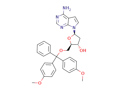 Molecular Structure of 103078-53-1 (4-amino-7-(2-desoxy-β-D-erythro-pentofuranosyl)-5'-O-(4,4'-dimethoxytrityl)-7H-pyrrolo<2,3-d>pyrimidin)