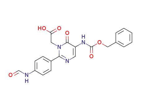 Molecular Structure of 1026923-08-9 ([5-Benzyloxycarbonylamino-2-(4-formylamino-phenyl)-6-oxo-6H-pyrimidin-1-yl]-acetic acid)
