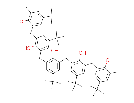 Molecular Structure of 137052-14-3 (Phenol,
4-(1,1-dimethylethyl)-2,6-bis[[5-(1,1-dimethylethyl)-3-[[5-(1,1-dimethyleth
yl)-2-hydroxy-3-methylphenyl]methyl]-2-hydroxyphenyl]methyl]-)