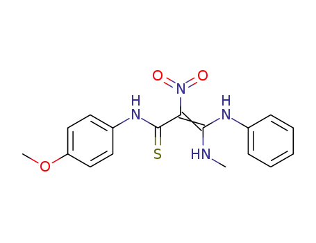 Molecular Structure of 188595-78-0 (2-Propenethioamide,
N-(4-methoxyphenyl)-3-(methylamino)-2-nitro-3-(phenylamino)-)