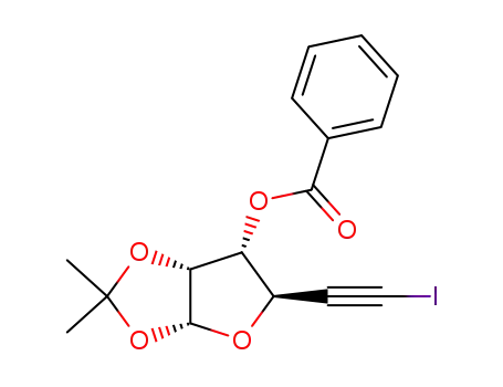 Molecular Structure of 1053649-58-3 (Benzoic acid (3aR,5R,6R,6aR)-5-iodoethynyl-2,2-dimethyl-tetrahydro-furo[2,3-d][1,3]dioxol-6-yl ester)