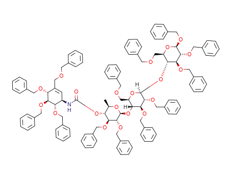 benzyl O-(2,3-di-O-benzyl-6-deoxy-4-O-{N-[(1R,4R,5S,6S)-4,5,6-tribenzyloxy-3-(benzyloxymethyl)cyclohex-2-enyl]}-carbamoyl-β-D-glucosyl)-(1->4)-O-(tri-O-benzyl-β-D-glucopyranosyl)-(1->4)-tri-O-benzyl-β-D-glucopyranoside