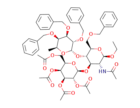 Acetic acid (2R,3R,4S,5S,6R)-4,5-diacetoxy-6-acetoxymethyl-2-[(2R,3R,4R,5S,6R)-3-acetylamino-6-benzyloxymethyl-2-ethoxy-5-((2S,3S,4R,5R,6S)-3,4,5-tris-benzyloxy-6-methyl-tetrahydro-pyran-2-yloxy)-tetrahydro-pyran-4-yloxy]-tetrahydro-pyran-3-yl ester