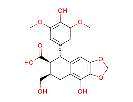 Molecular Structure of 25349-42-2 (Naphtho[2,3-d]-1,3-dioxole-6-carboxylicacid,5,6,7,8-tetrahydro-9-hydroxy-5-(4-hydroxy-3,5-dimethoxyphenyl)-7-(hydroxymethyl)-,(5R,6R,7R)-)